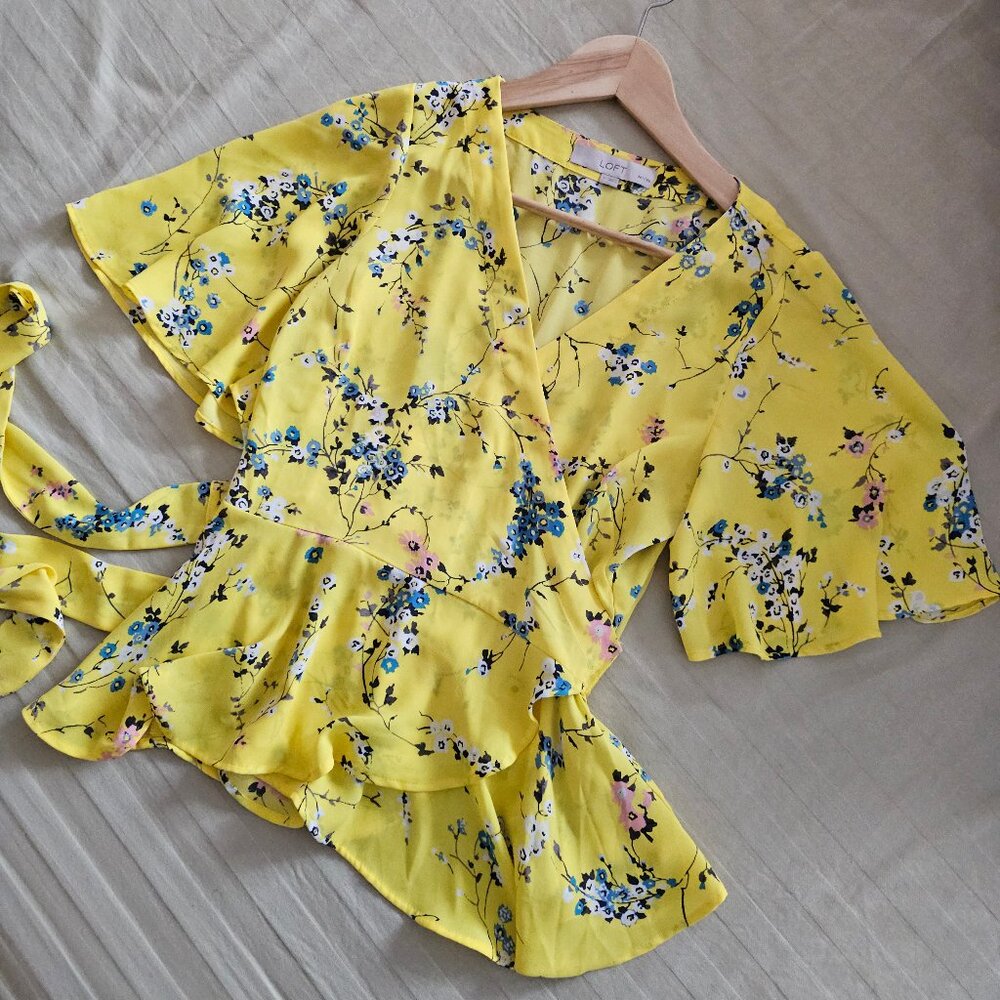 LOFT Yellow Spring Floral Print Ruffle Tie Strap V-Neck Blouse